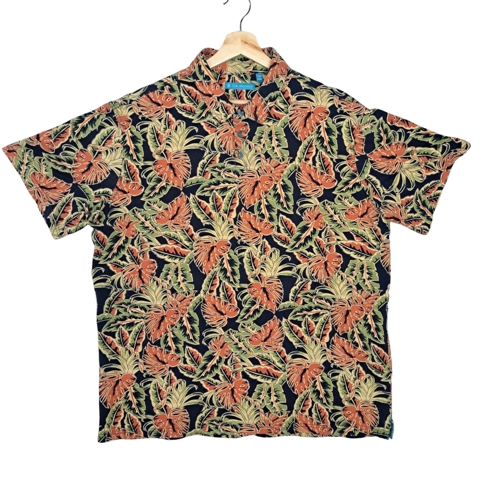 Tori Richard Honolulu Men's 2XL Tropical Print Short Sleeve Polo Blk/Or/Green